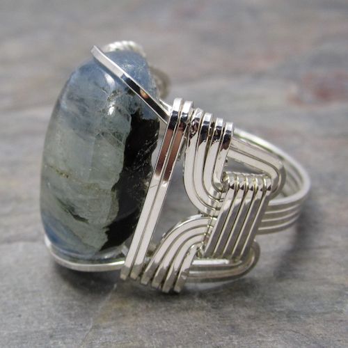 Blue Kyanite Cabochon Sterling Silver Wire Wrapped Ring US size 6.5 