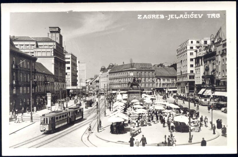 croatia ZAGREB Jelacicev, Market Hotel Tram 1939 RPPC  