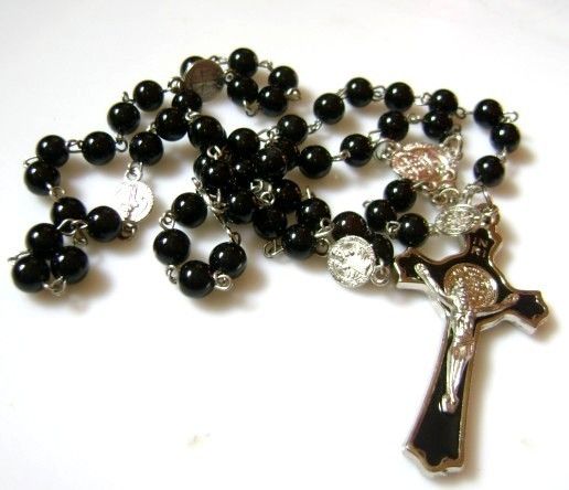 Black Natural Carnelian Agate BEADS St.Benedict ROSARY & CROSS 