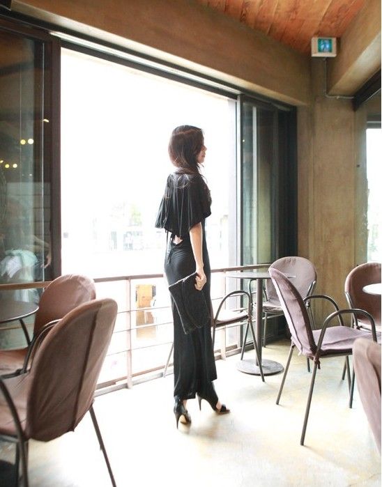 2in1 CHIC MAXI KIMONO SLEEVE DRESS BLACK S 1256  