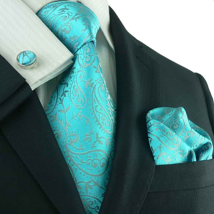 Landisun 13C Light Blue Paisleys Mens Silk Tie Set (Super Long Tie 