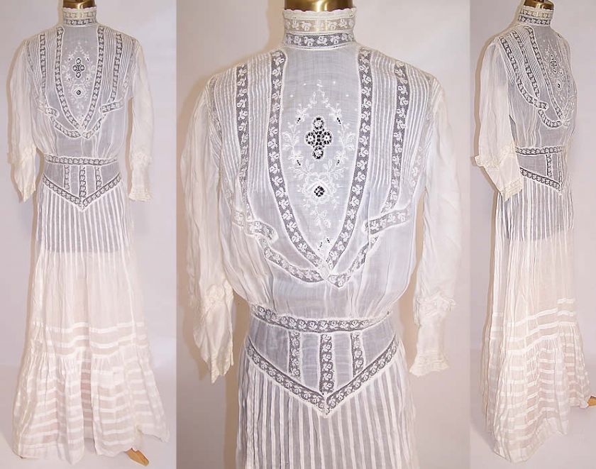 Edwardian Vintage Pleated White Cotton Batiste Lace Lawn Graduation 