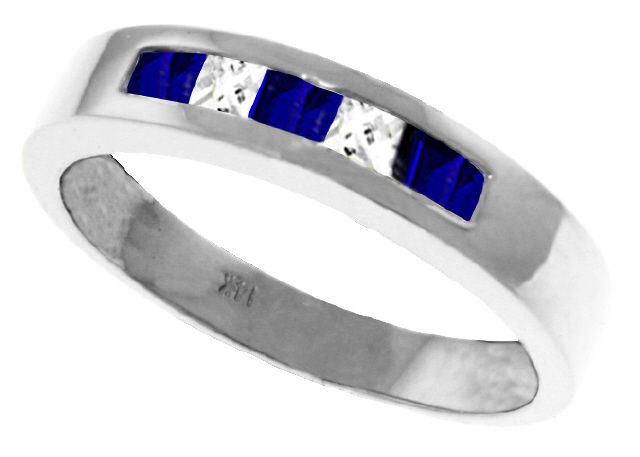   Sapphire White Topaz Gemstones Channel Set Band Ring 14K White Gold