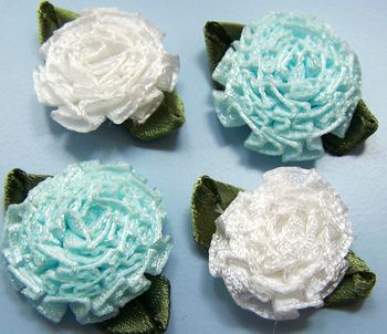 40 White Blue Mixed Satin Cabbage Flower Appliques Trim  