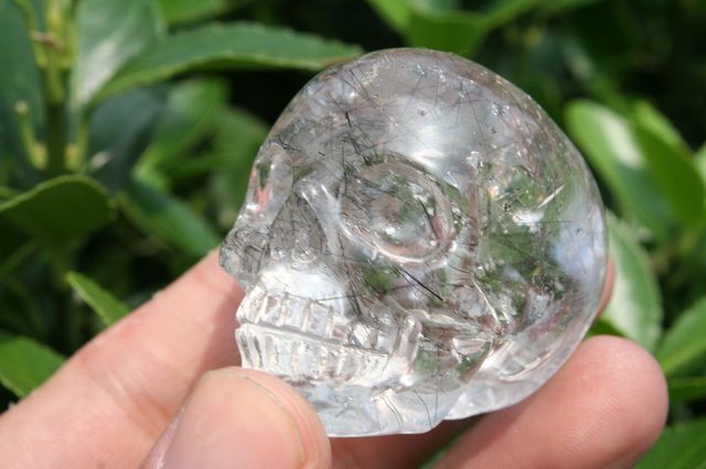 Rare black Tourmaline Quartz Rock Crystal Skull Carving，rainbows 