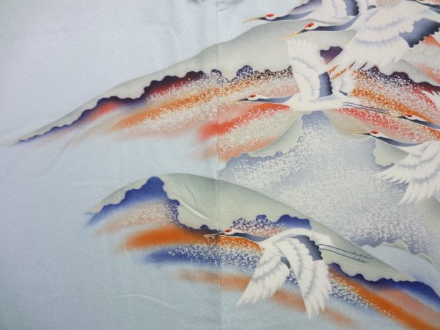 24562# Japanese SILK / FURISODE KIMONO / YUZEN & EMBROIDERY / CRANES 