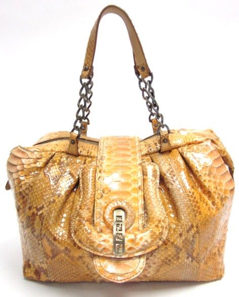 AUTH FENDI B Bag Yellow Python Chain Strap Handbag  