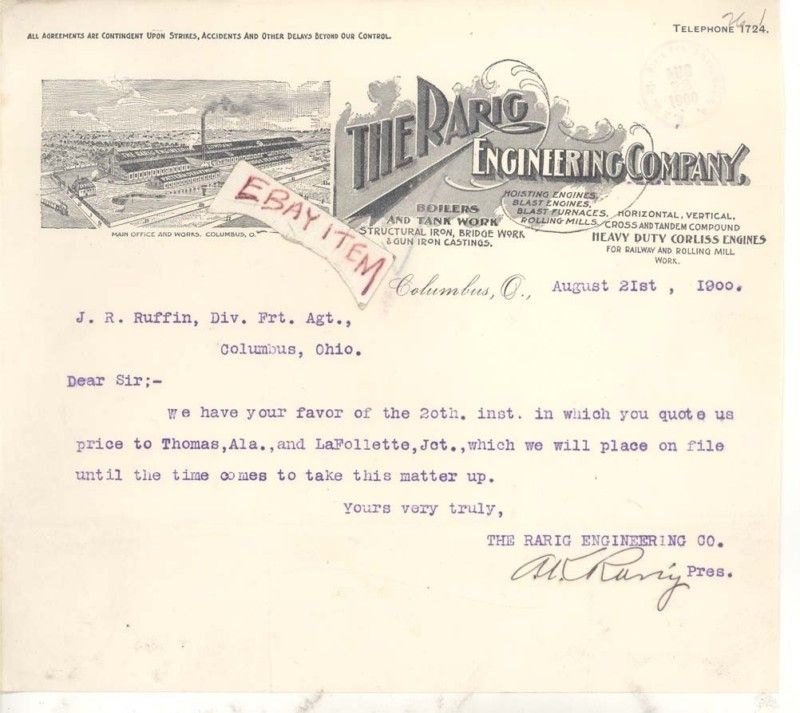   RARIG ENGINEERING COMPANY LETTERHEAD SIGNED IRON BRIDGE WORK  