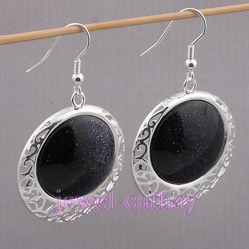 vintage round Silver Plated Black Agate Dangle Earrings  