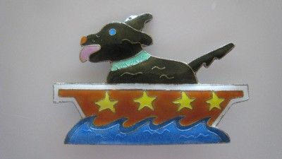 Vintage Sterling Silver Enamel Deco Dog in Boat Pin Brooch  