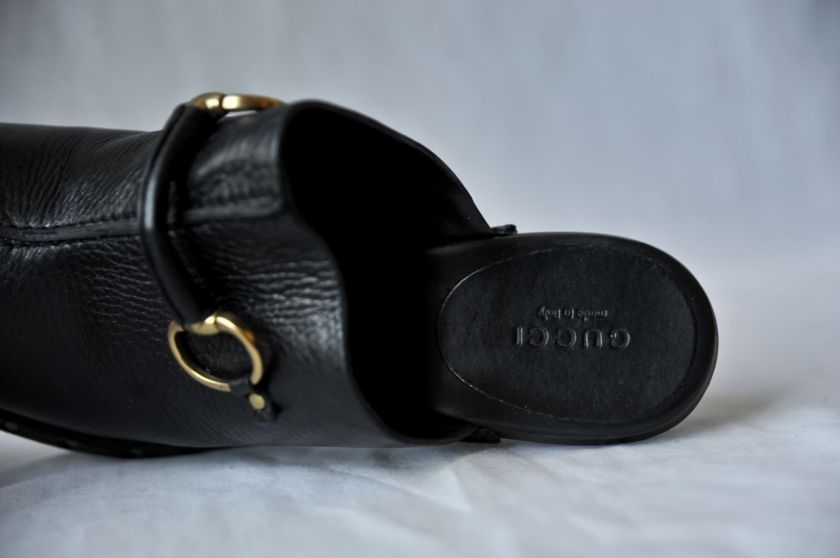 GUCCI Black LEATHER+Brown Gold HORSEBIT CLOG Platform Heel Sandal 