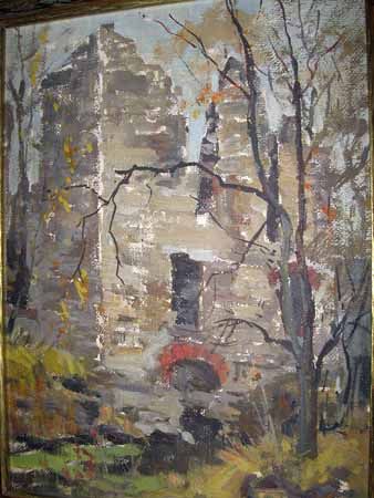 ANTIQUE 30s SGN MASTON OIL LANDSCAPE PAINTING RUINS W F  