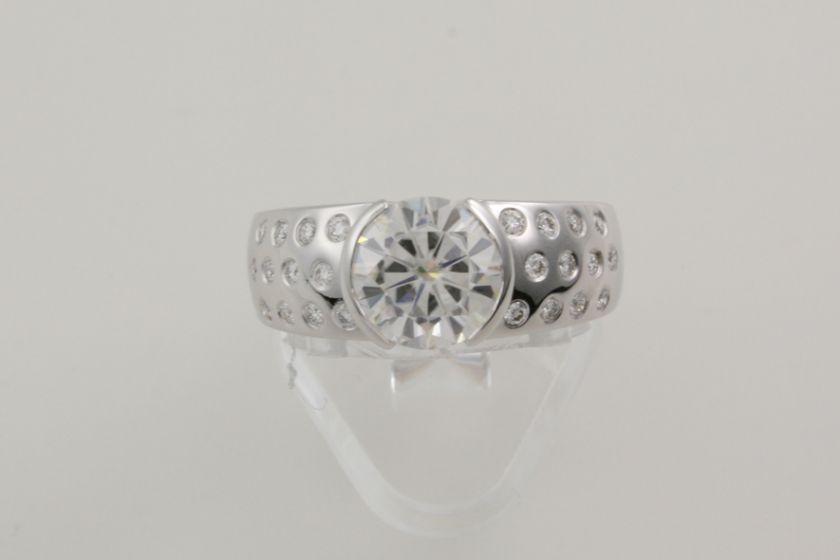 18K White Gold 1.90 ct Round Moissanite Engagement Ring & 0.25 Cts 