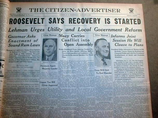 1934 newspapers FD ROOSEVELT GREAT DEPRESSION ENDING  