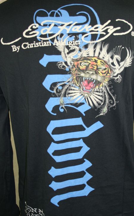 ED Hardy Men Double Skull & Tiger Black L S T Shirt  