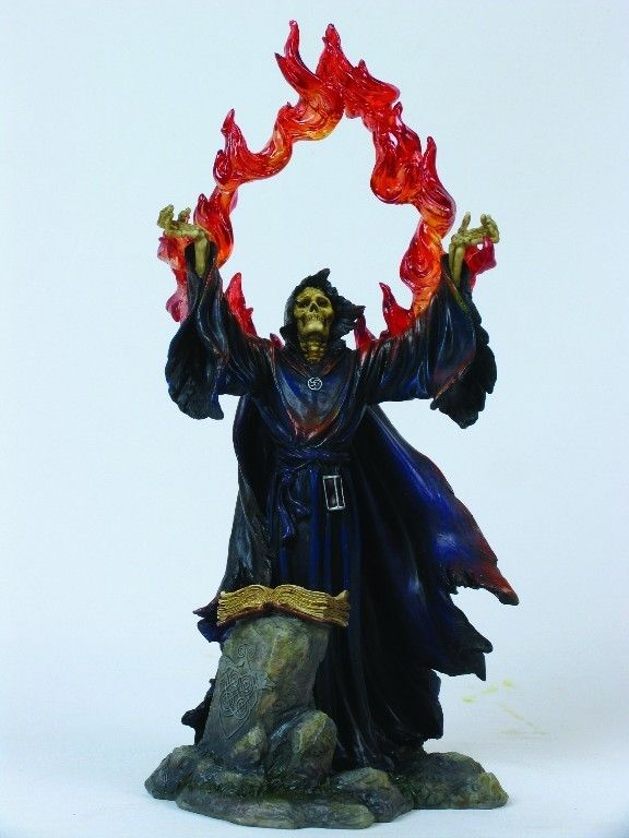 GRIM REAPER WITH FIRE MAGIC FIGURINE STATUE SKULLS  