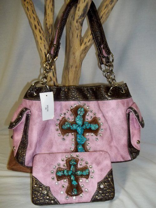   NUGGET Cross on Cowhide Fur Pink Western Purse Wallet SET  