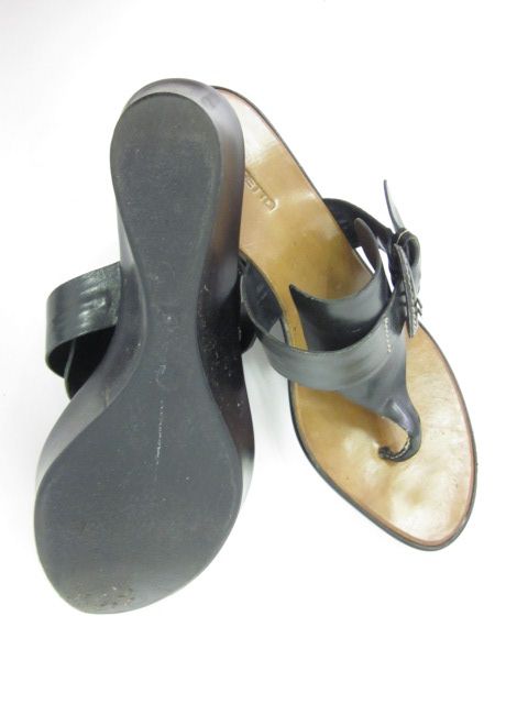 PROGETTO Black Leather Thongs Wedges Sandals Sz 37 7  
