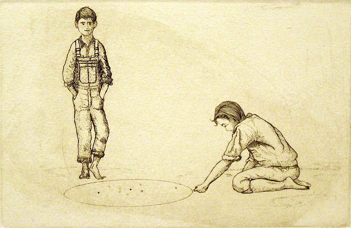 Norwood Aggies Signed & Numbered Art Etching kids playing marbles 