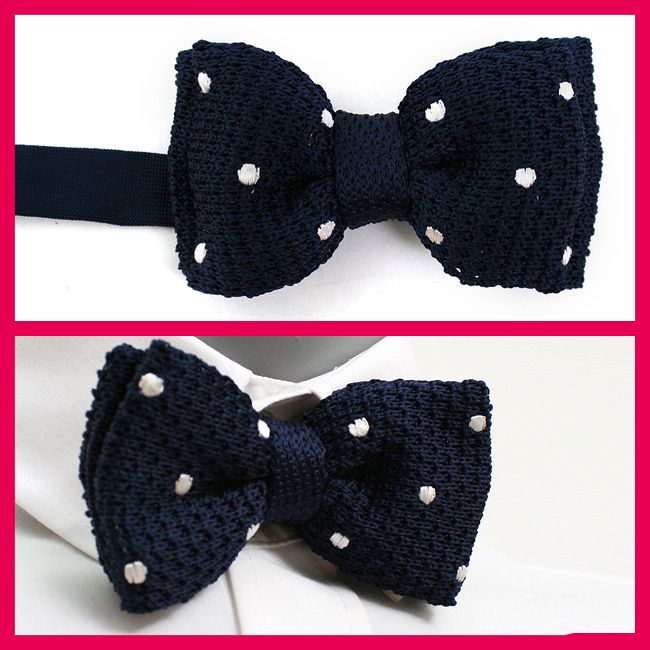 VoiVoila New Mens Tuxedo waffled knit Dot Navy Bow Tie with 