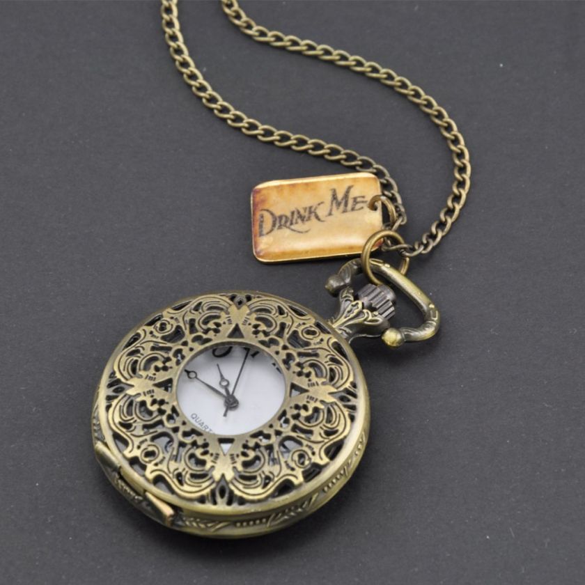 Big DRINK ME Alice In Wonderland Pocket Watch Necklace  