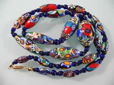   VICTORIAN or DECO VENETIAN MILLEFIORI GLASS OBLONG BEADS LONG NECKLACE