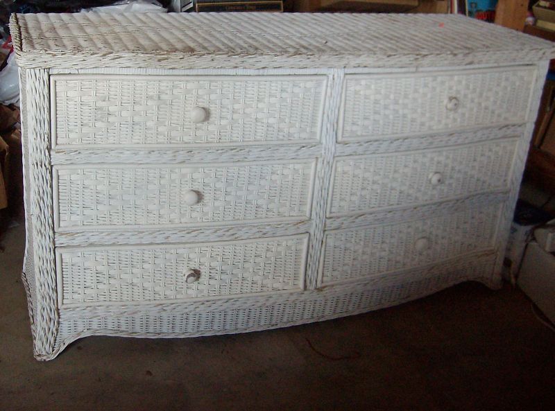 White Wicker Double Dresser w/ Six Drawers  