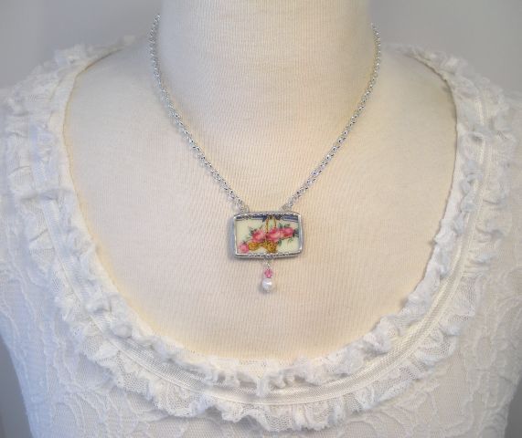 VINTAGE FRENCH BASKET OF ROSES NECKLACE BROKEN CHINA JEWELRY BY 