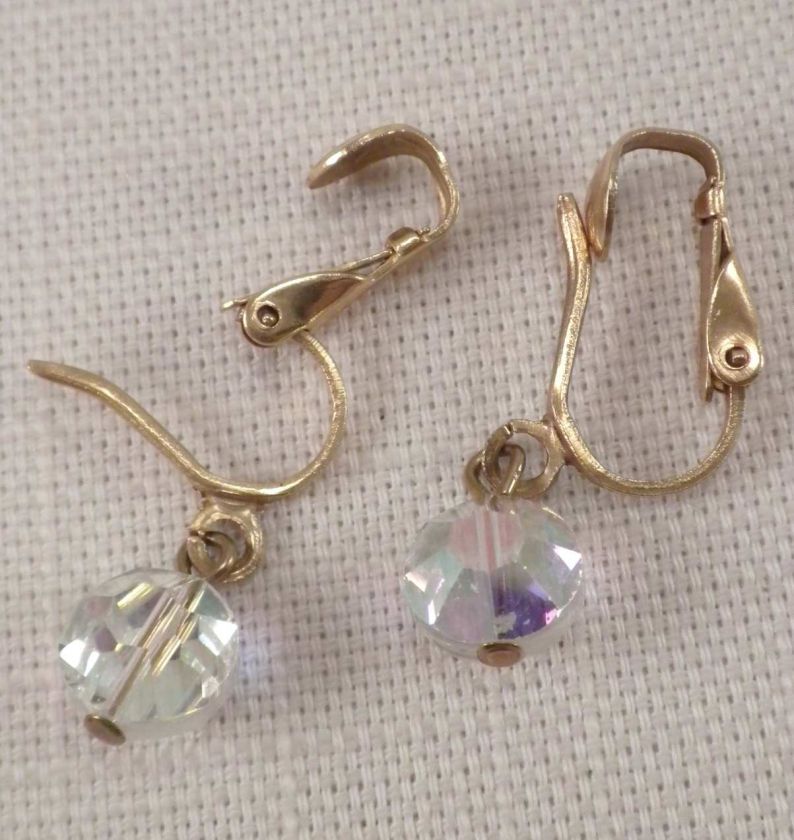 Vtg DELICATE Aurora Borealis ASPIRIN Crystal Bead Drop Dangle Clip 