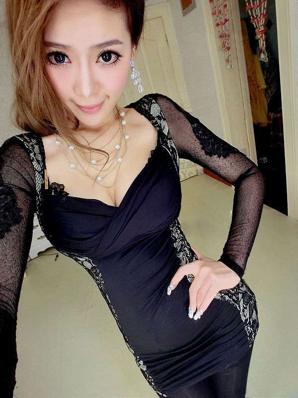   Deep V See through Long Sleeve Floral Mesh Clubbing Mini Dress FF0824