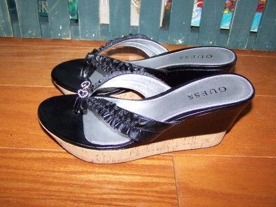 Guess Pitery 2 Black Thong Wedge Sandals with Rhinestone 