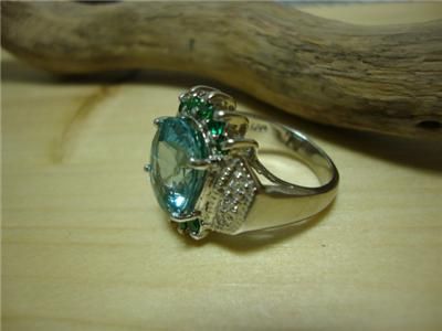 GREEN PARAIBA TOURMALINE & EMERALD & SAPPHIRE SILVER WOMEN RING ART 