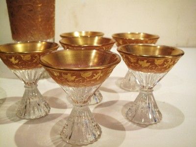 SET VTG ITALIAN GOLD BAR FLORAL BIRD GLASS MIXER BOWL  