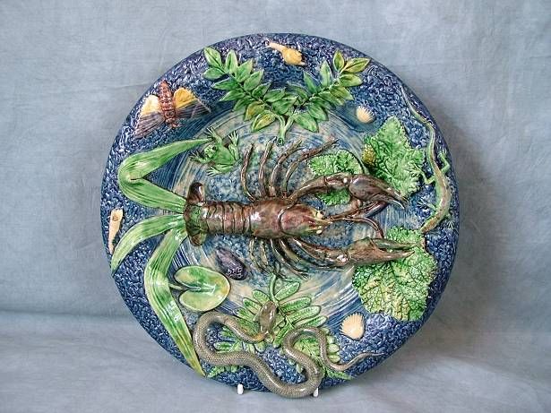 French Majolica Palissy langoustine, snake & frog plate  