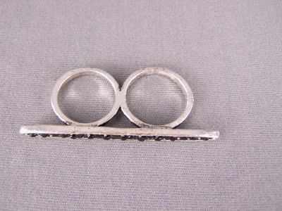 Double 2 two finger cocktail ring antiqued silver tone crystals skinny 