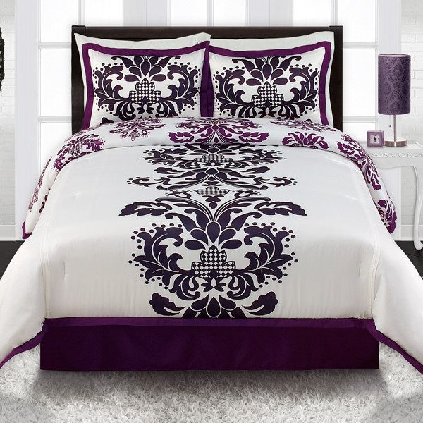 MODERN DAMASK PURPLE BLACK WHITE KING 4 P COMFORTER SET  