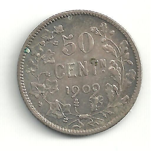 VERY NICELY DETAILED VF 1909 BELGIUM 50 CENTIMES SILVER COIN D466 