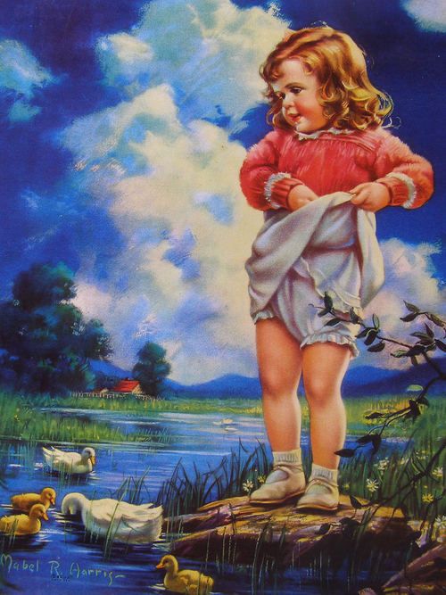 Mabel Rollings Harris Little Girl Ducks 11 X 14  