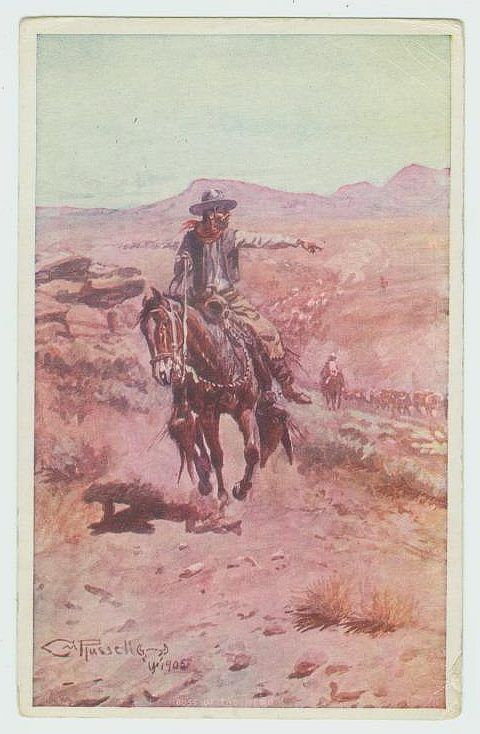 ARTIST CM RUSSELL POSTCARD BOSS OF THE HERD COWBOY  