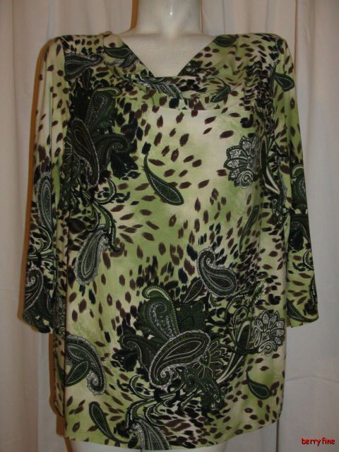   CITY Plus 1X Sage Green Brown Paisley Drape Front Blouse Top  