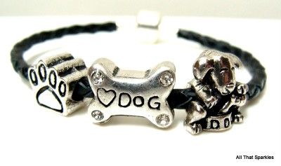 Black Puppy Dog Bone Paw Print Braided Bead Bracelet  