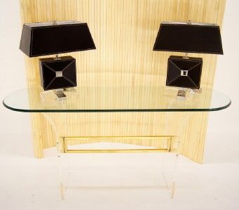 Mid Century Modern Lucite Brass Glass Console Sofa Table  