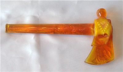 BOYD TOMAHAWK   ORANGE AND YELLOW SLAG WITH INDIAN HEAD  