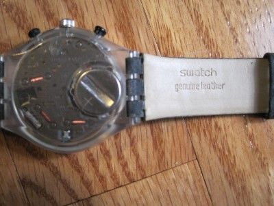 Vintage Mens SWATCH Watch, Clear Plastic with Black Leather Band 