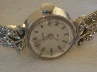 VINTAGE 14CT WHITE GOLD DIAMOND LADIES BULOVA WRIST WATCH  