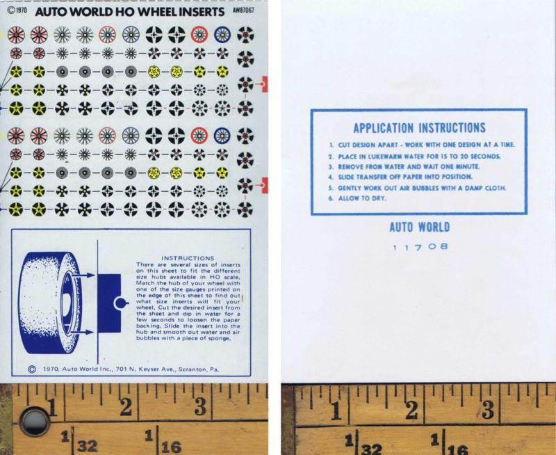 Vintage 1970 Auto World Slot Car WHEEL INSERTS Decals   