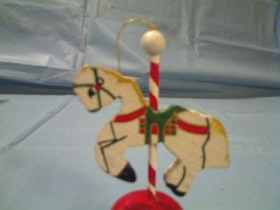 WOOD WOODEN CAROUSEL HORSE ON RED BELL CHRISTMAS ORNAMENT MADE IN 