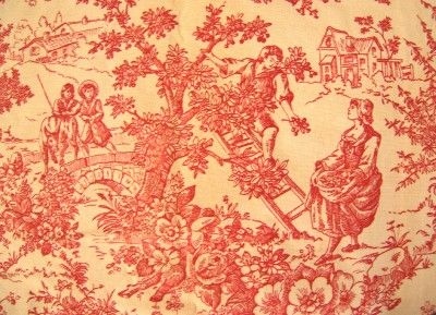   Country Red Toile Lot Drapery panels Goat Rooster Peasants Castle