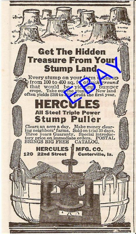 1914 HERCULES STUMP PULLER AD CORN FIELD CENTERVILLE IA  