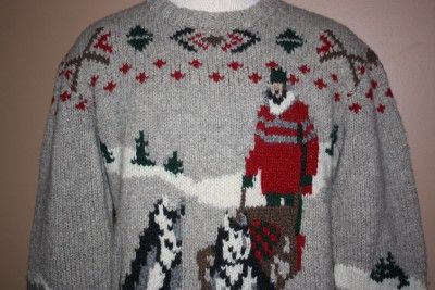   MED VINTAGE SWEATER SKI DOGS SLED WOOL HAND KNIT VTG SNOW  